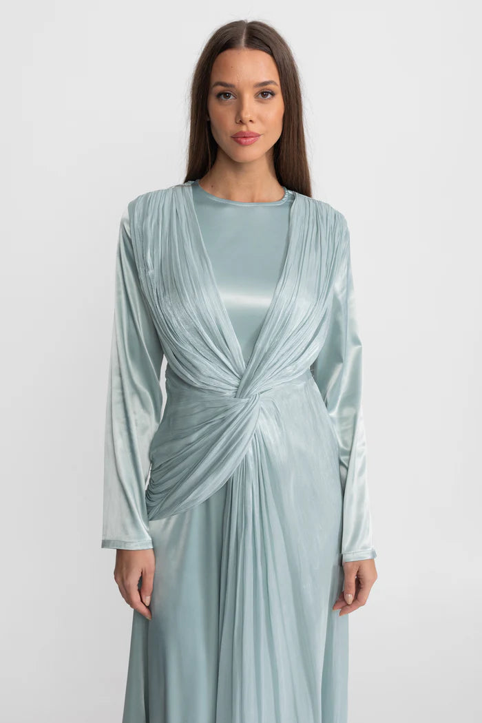 Satin Midi Dress with Draped Overlay and Knot Detail - Teal