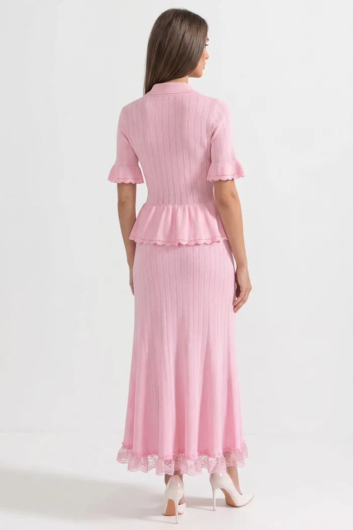 Peter-Pan Collar Knit Peplum Maxi Dress With Lace Hem - Pink