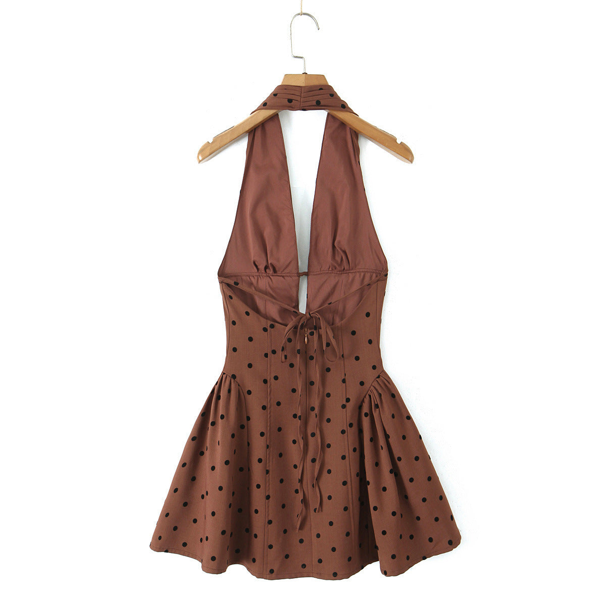 V-Neck Backless Halter Neck Cinched Waist Dress
