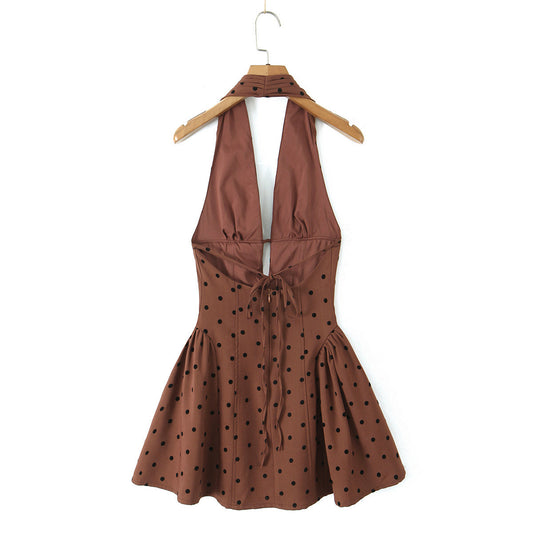 V-Neck Backless Halter Neck Cinched Waist Dress