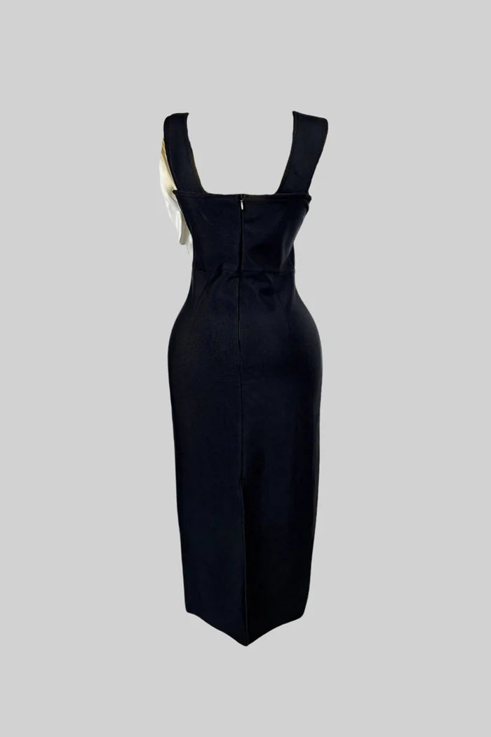 Floral Appliqué Midi Dress With Plunging Neckline – Black & White
