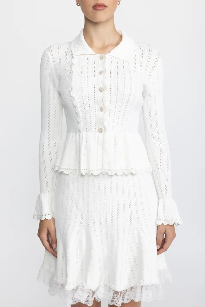 Pointelle Knit Peplum Cardigan and Lace Hem Skirt Co-ord Set - White