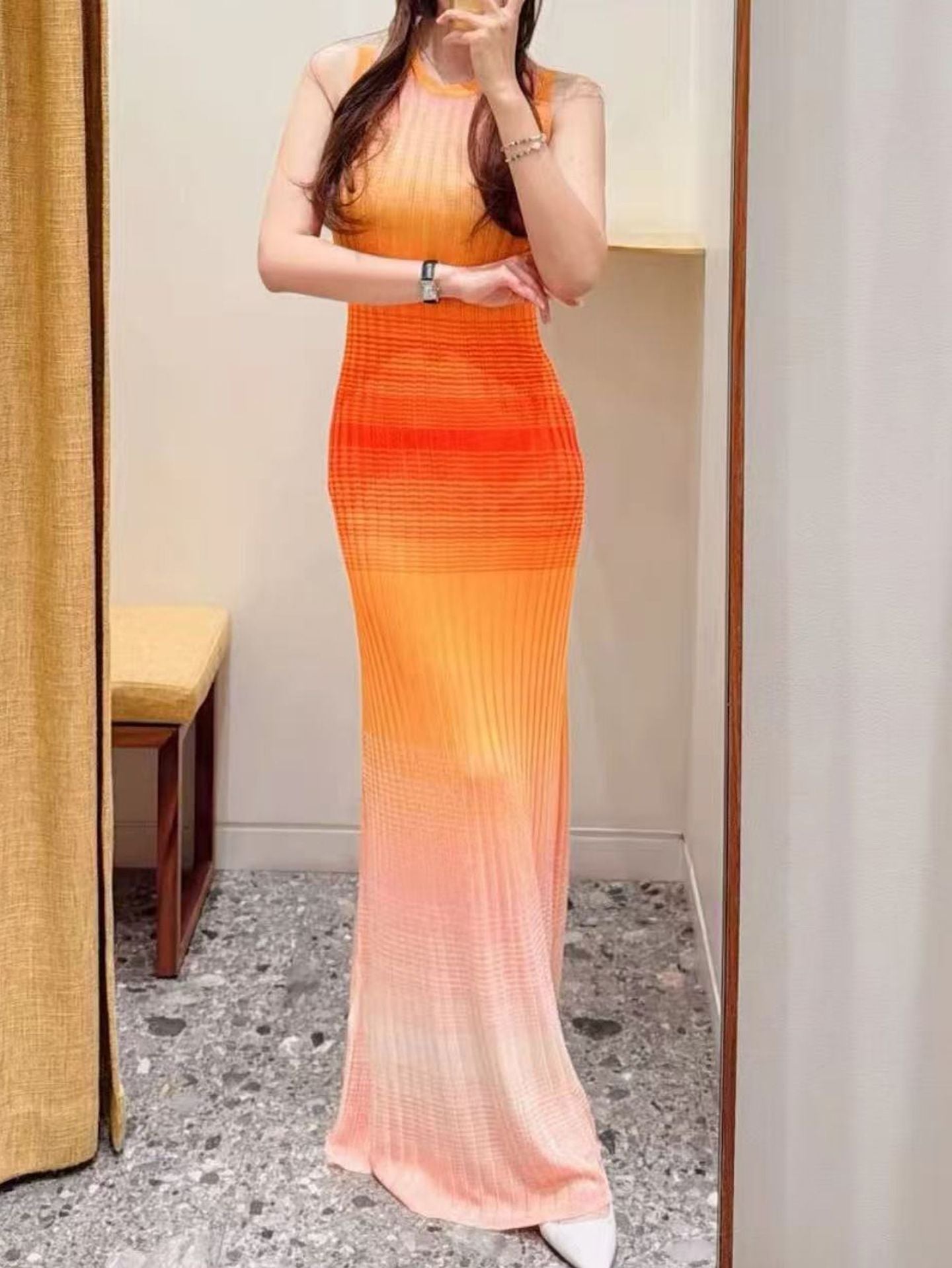 orange gradient round neck  dress