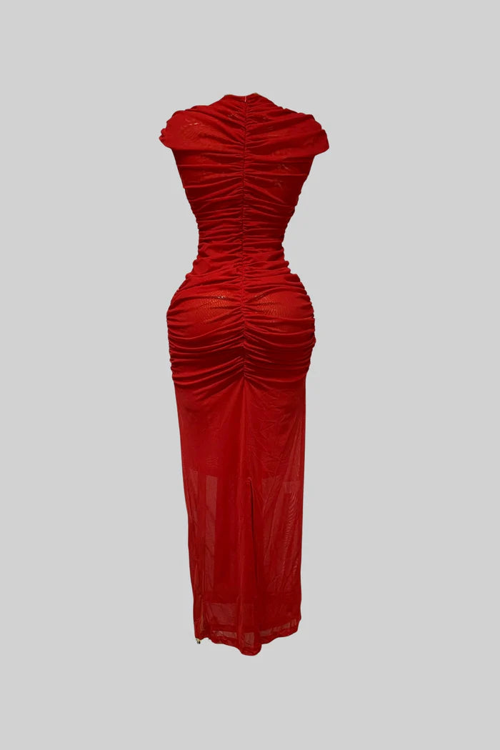 Draped Cut-Out Gown With Gathered Detailing – Red
