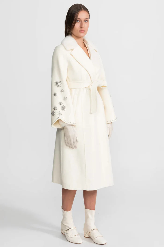 Embellished Wool Overcoat With Fox Fur Collar – Ivoire