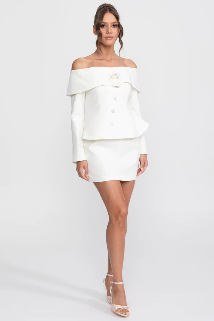 Elegant Co-ord Set With Off-Shoulder Peplum Top And Mini Skirt - White
