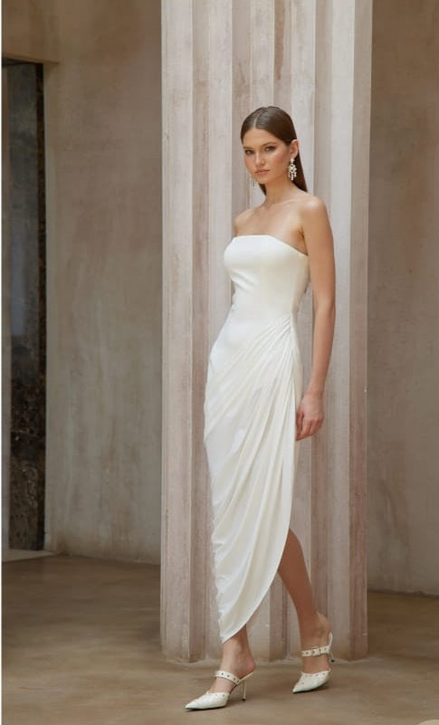 Wanda White Asymmetrical Ruched Midi Dress