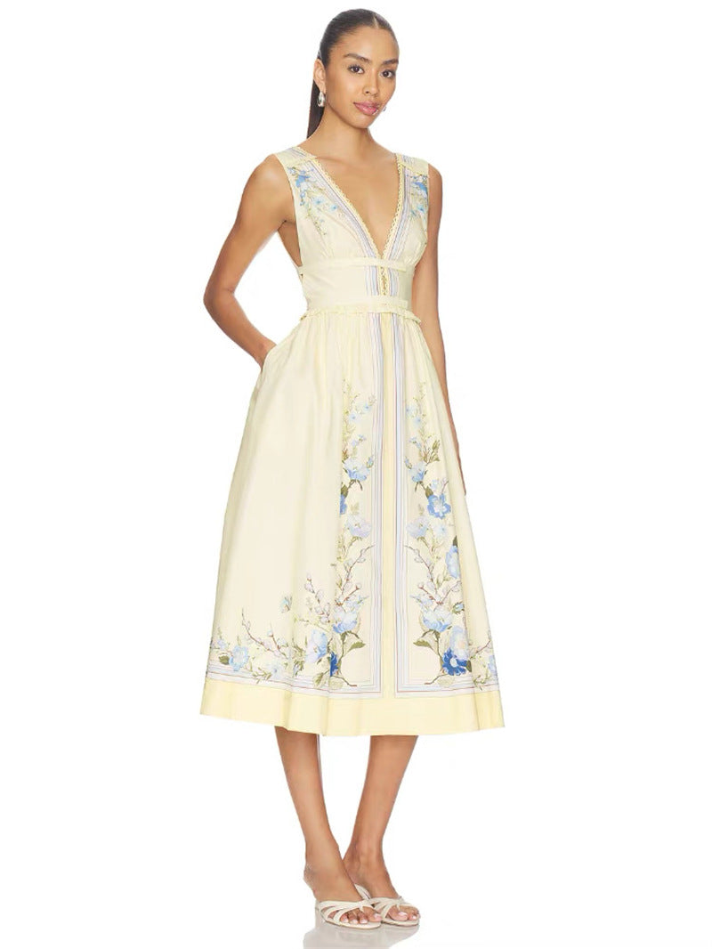 Floral Print Sleeveless V-Neck Backless Dress