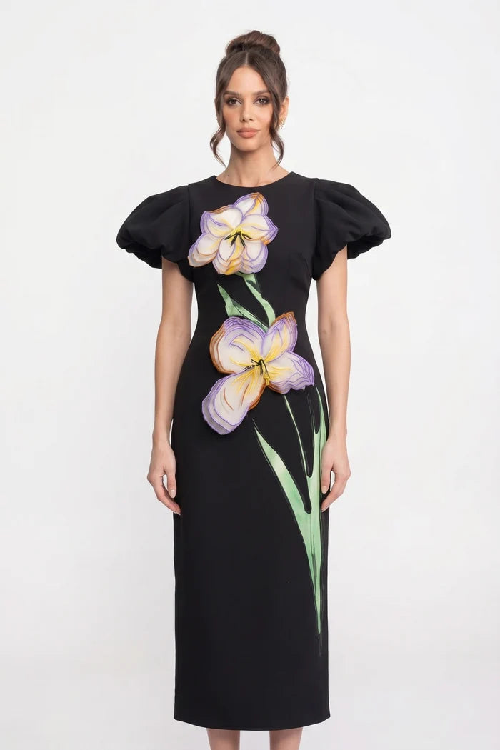 Structured Shoulder Maxi Dress With 3D Iris Floral Appliqué - Black