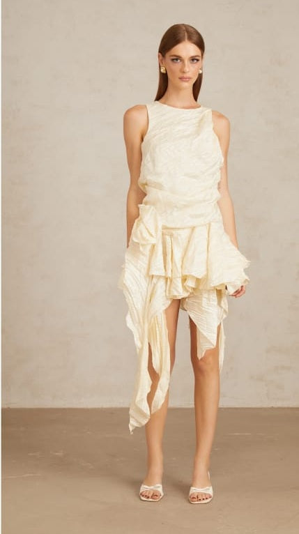 Helka Neutral Creased Asymmetrical Floral Mini Dress