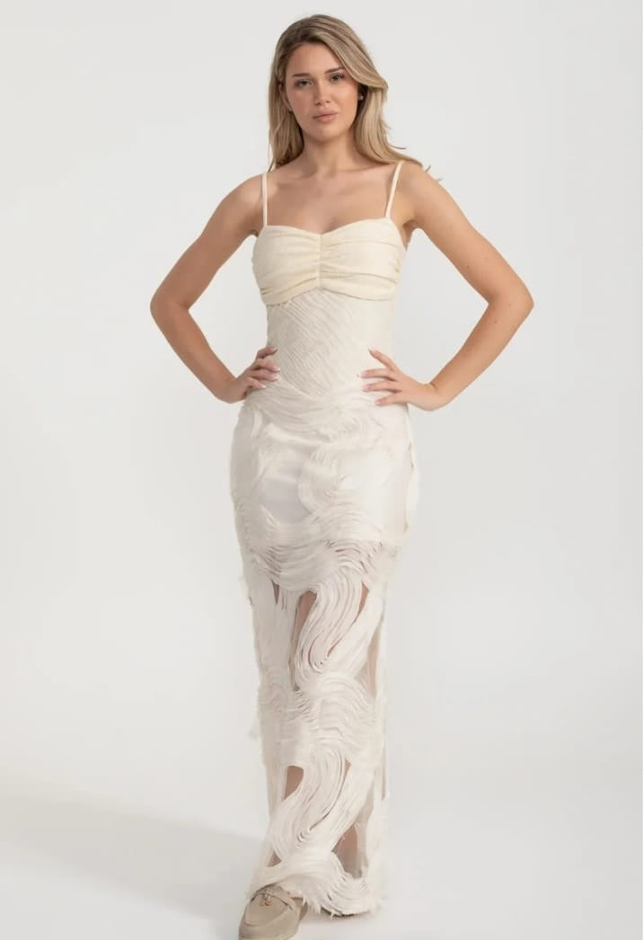 Sleeveless Evening Gown With Intricate Swirling Textures And Sheer Base Material - Ivoire