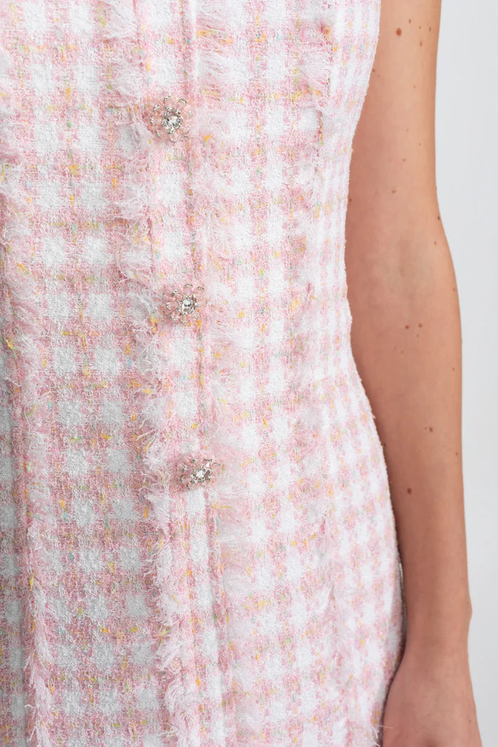 Sleeveless Tweed Mini Dress With Frayed Trim – Blush Pink