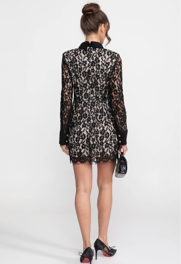 Long Sleeved Lace Mini Dress With Scallop Hem - Black