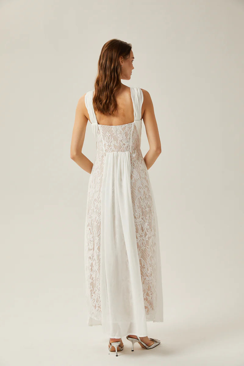 Robe maxi plissée en dentelle blanche Arantxa