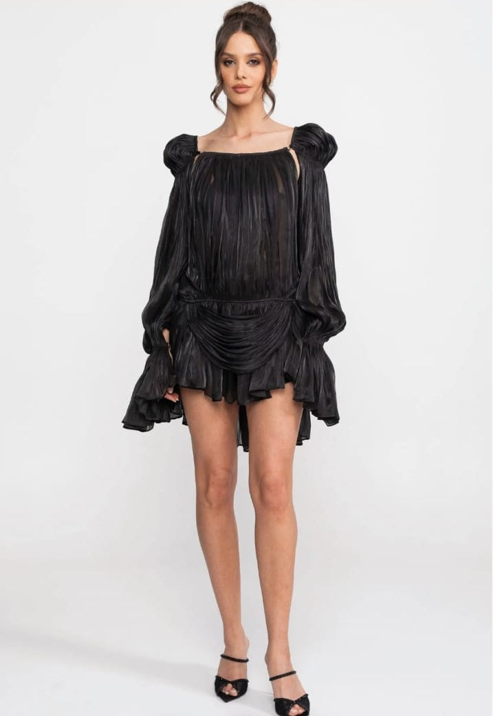 Sheer Draped Mini Dress With Cape Sleeves And Gold Clip Detail - Black