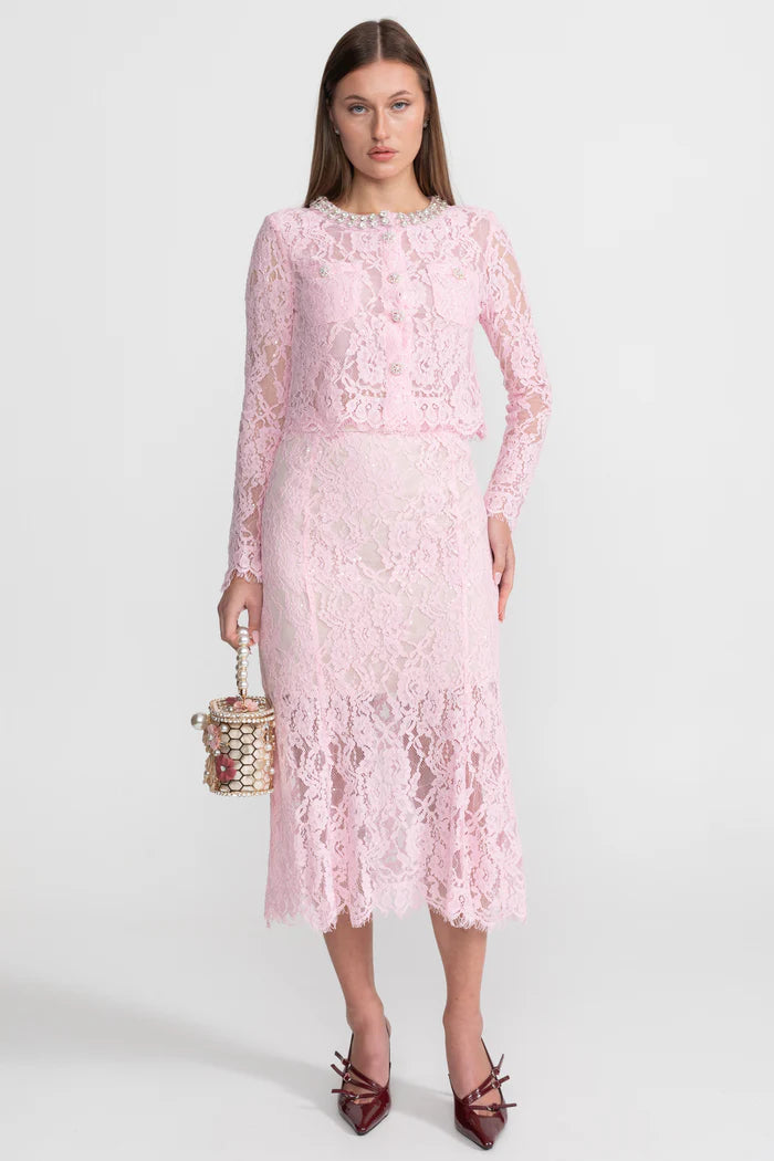 Lace Co-ord Set with Embellished Collar and Buttons - Pink