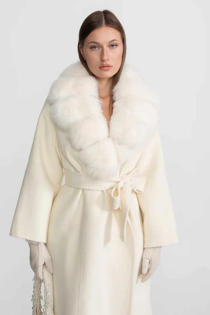 Wool Wrap Coat with Fox Fur Collar And Tie Belt – Ivoire