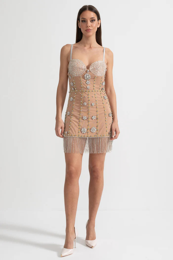 Mini Dress With Fitted Bodice, Silver Beading Accents And Sparkling Fringed Hem - Beige
