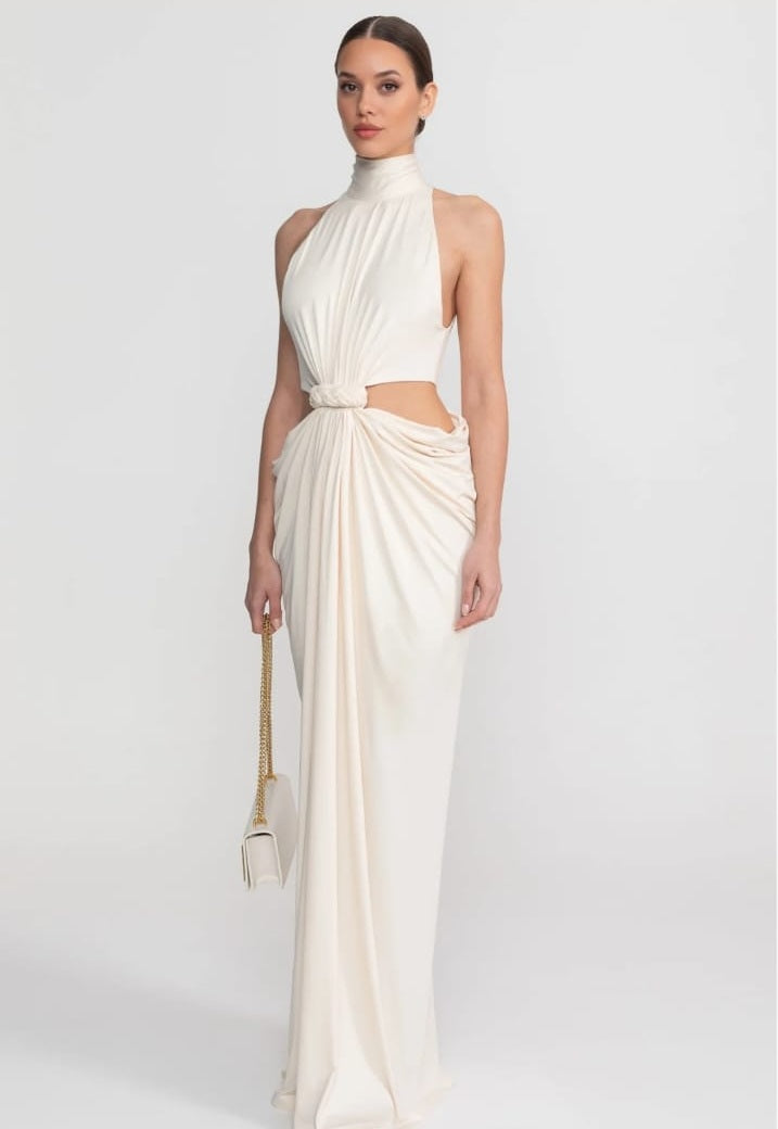 Long dress with high collar and halter neck with a cut-out tied at the waist - Ivory