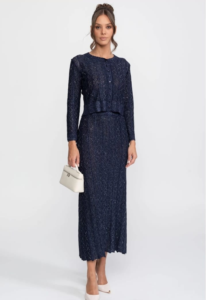 Long-Sleeve Diamond-Pattern Lace Co-Ord Set With Maxi Skirt - Navy