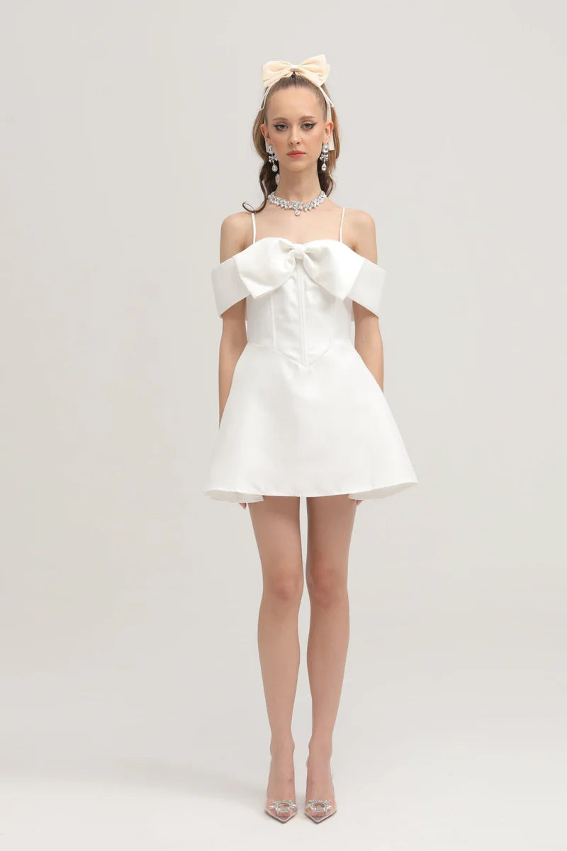 Elva White Bowknot Mini Robe évasée