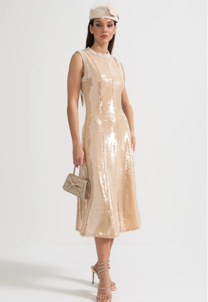 Elegant Sequin Dress With White Pearl Embellishments - Beige