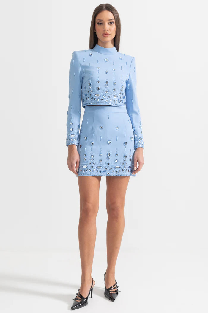 Diamond Embellished Co-Ord with Mini Skirt - Baby Blue