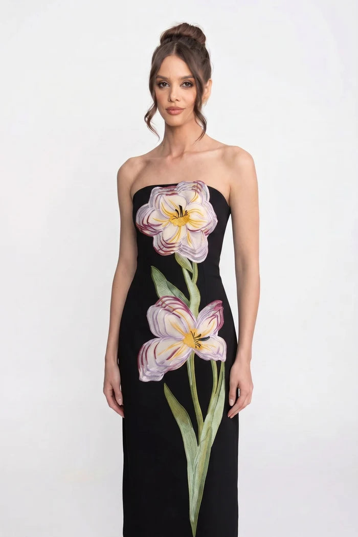 Strapless Floral-Print Midi Dress With Column Silhouette - Black