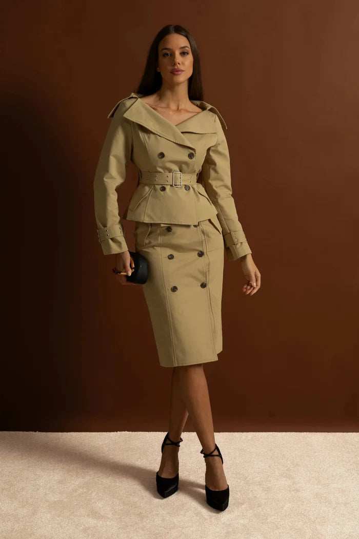Off-Shoulder Peplum Trench Jacket and Pencil Skirt Co-Ord Set – Khaki