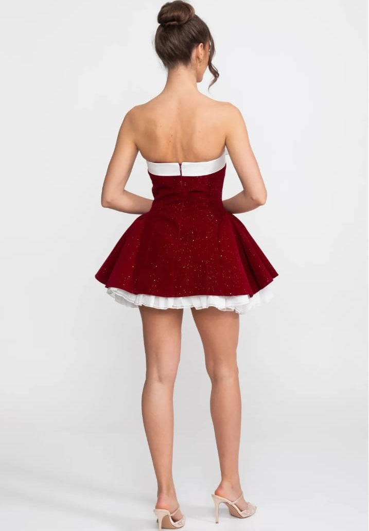 Strapless Velvet Mini Dress With Satin Bow And Ruffle Hem - Red