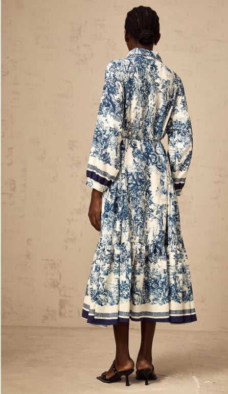 Adélaïde Graphic-Print Midi Kleid in Blau