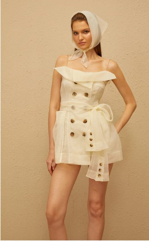 Out of stock Polliana White Double Breasted Organza Mini Dress-white