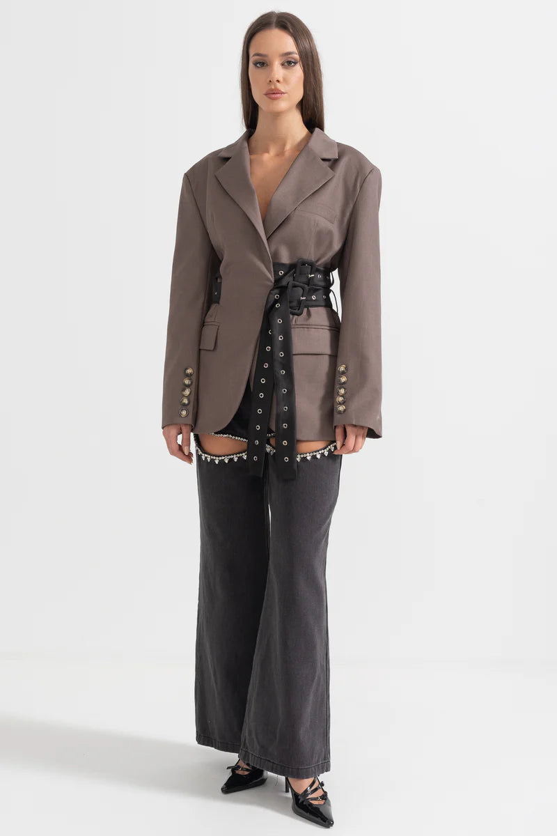 Contemporary Blazer With Dual Belt - Brown