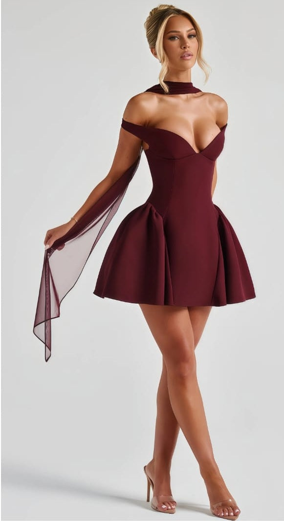 Ifig Burgundy V-neck Corset Mini Dress