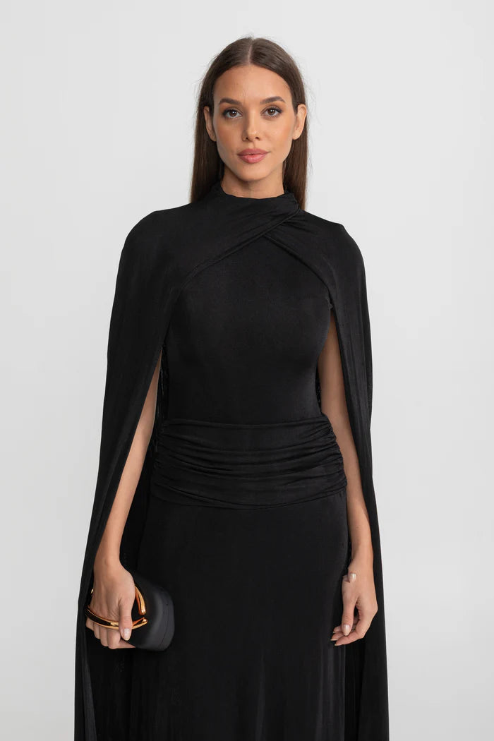 Draped Cape Maxi Dress With Ruched Waist – Black