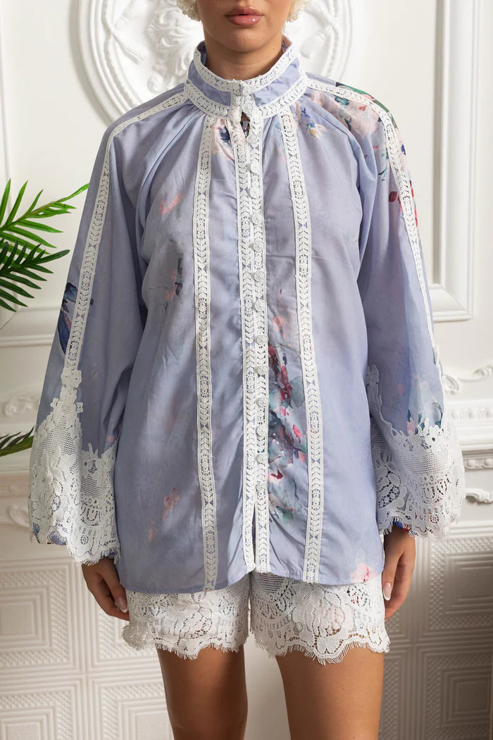 Floral Co-Ord with Lace Insets and Statement Belt - Powder Blue