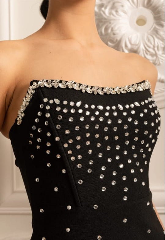 FITTED MINI DRESS WITH SPARKLING RHINESTONE ORNAMENTS - BLACK