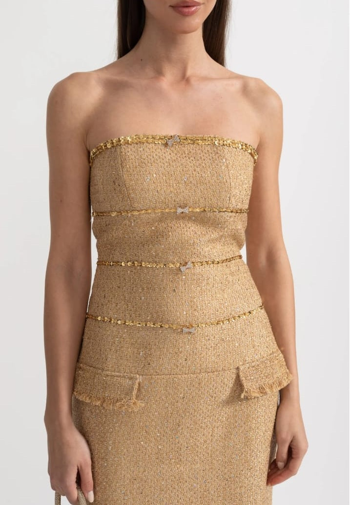 Strapless Textured Dress With Sequin Decorative Trim And Sparkling Ribbon Appliques - Gold