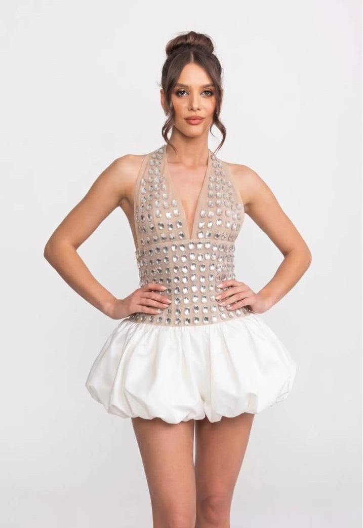Short Crystal-Embellished Halter Dress with Ball Skirt - White