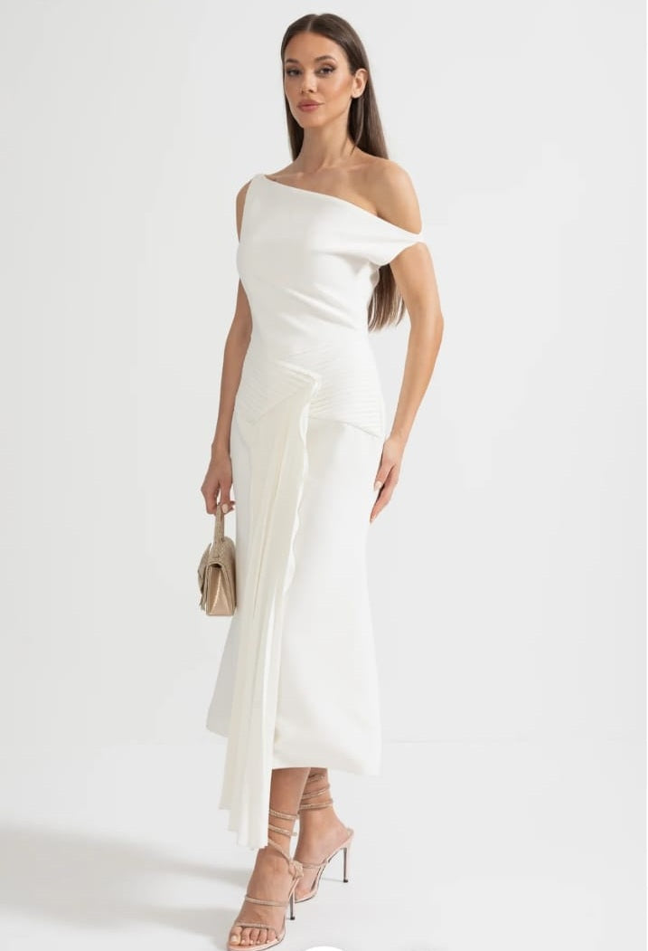 Off-Shoulder Midi Dress With Pleated Waist Detailing - White