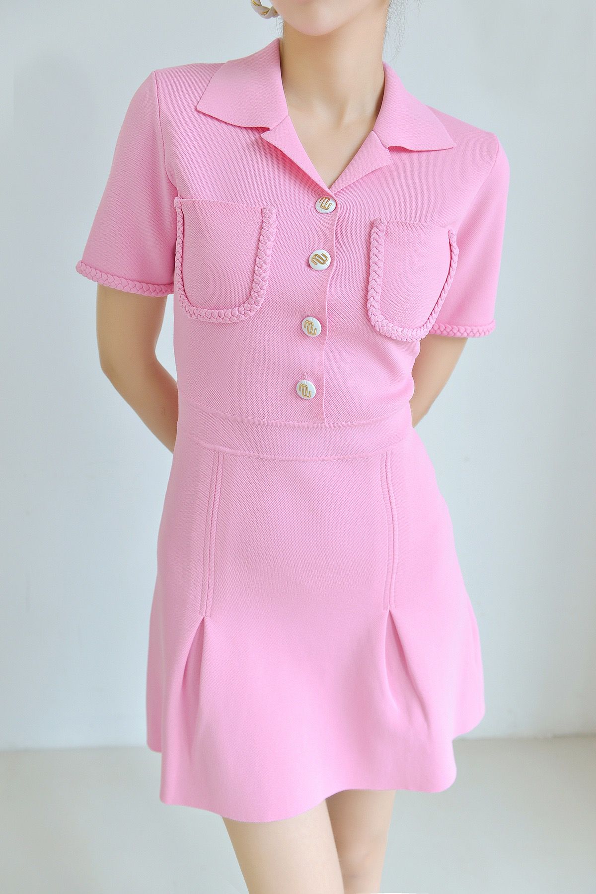 Summer new pink short-sleeved sweet age-reducing lapel dress