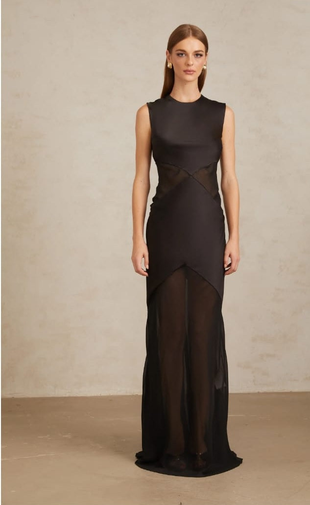 Siiri Black Tulle Panel Satin Maxi Gown