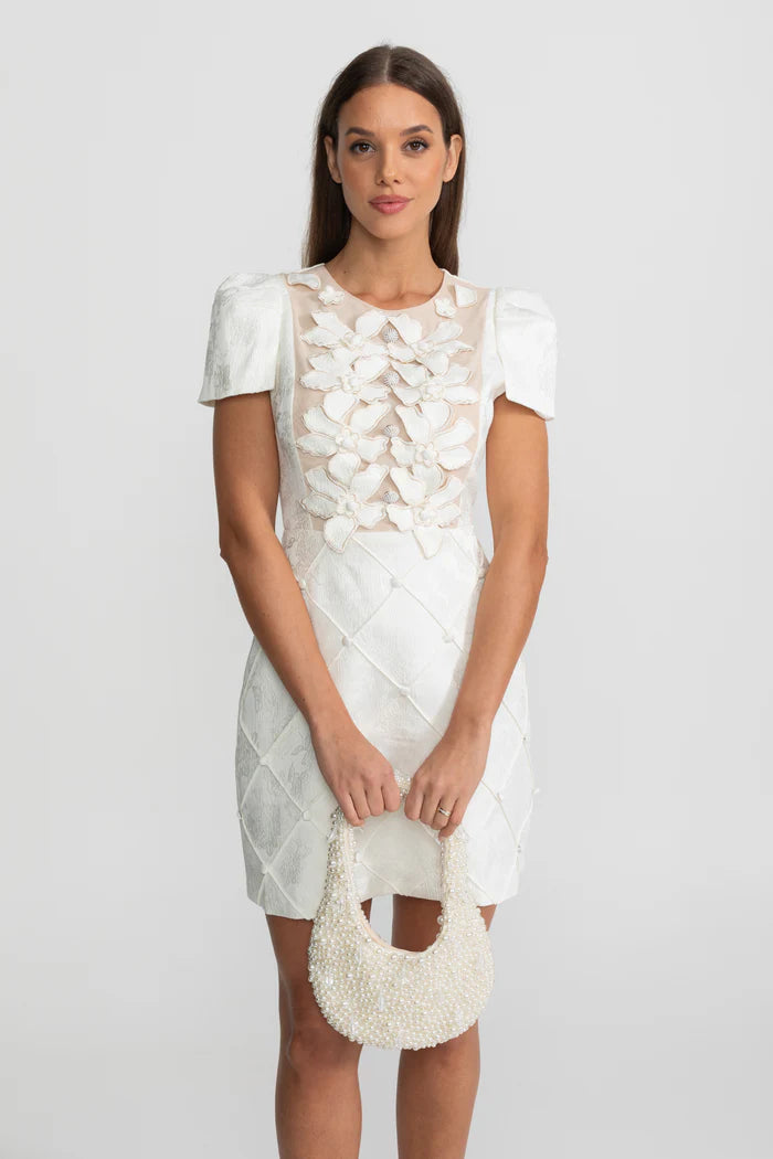 3D Floral Appliqué Mini Dress With Quilted Skirt – White
