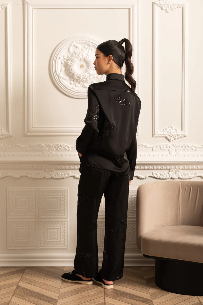 Sequin Embellished Satin Set With Long Sleeved Shirt And Coordinated Pants - Black