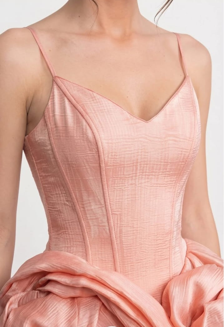 Spaghetti Strappy Velvet Mini Dress with 3D Pink Skirt - Pink