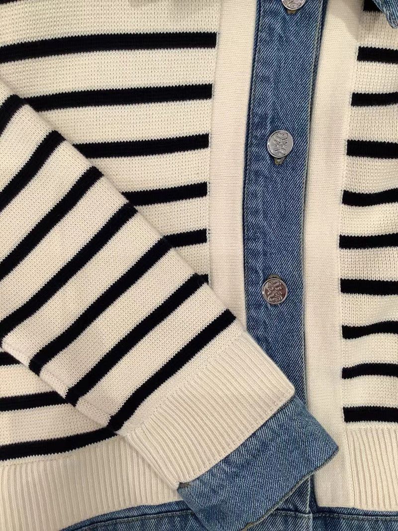 Denim Shirt Collar Striped Knit Short Jacket