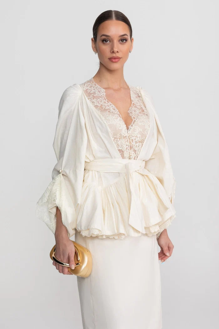 Belted Peplum Co-Ord Set With Lace Insert Detailing - Ivoire