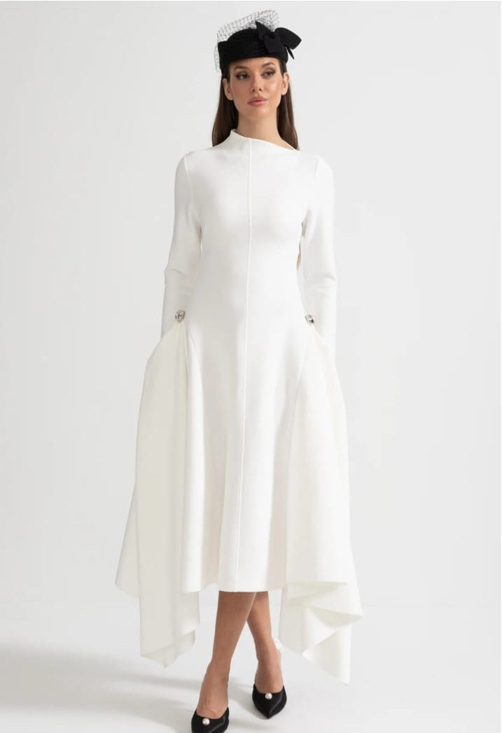 Long-Sleeved Dress With Asymmetrical Hem And Structured Silhouette - White