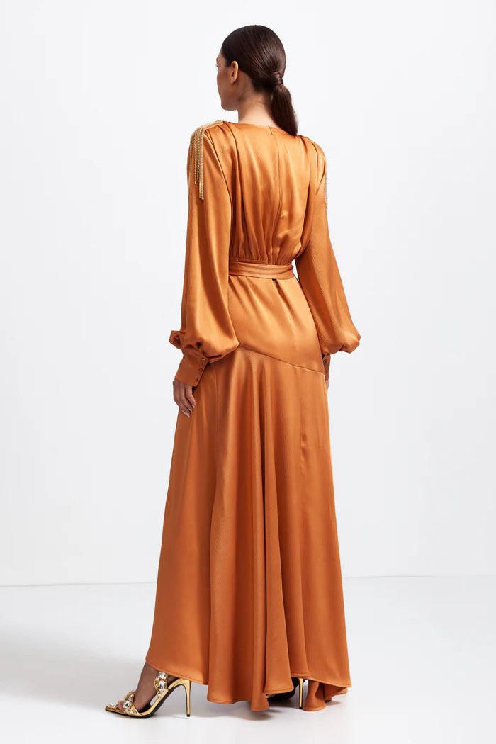 V-neck Maxi Dress with Golden Details - Caramel