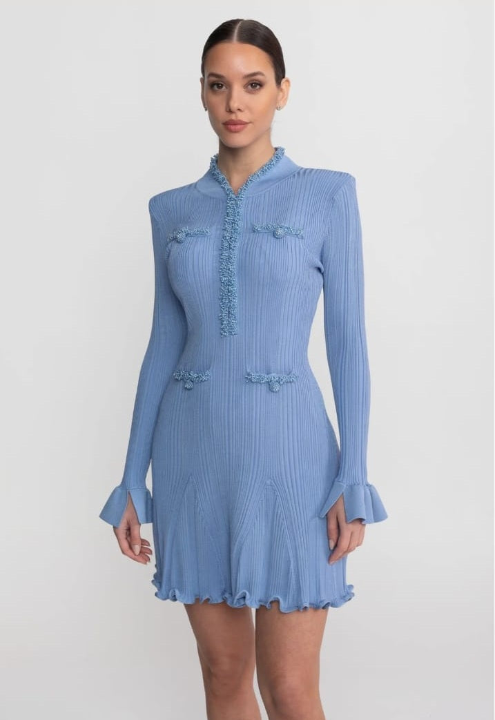 Ribbed Knit Mini Dress Trim Detailing - Blue
